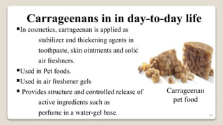 35
In cosmetics, carrageenan is applied as
stabilizer and thickening agents in
toothpaste, skin ointments and solid
air freshners.
Used in Pet foods.
Used in air freshener gels
 Provides structure and controlled release of
active ingredients such as
perfume in a water-gel base.
Carrageenans in in day-to-day life
Carrageenan
pet food
 