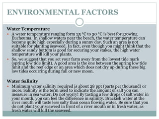 ENVIRONMENTAL FACTORS
Water Temperature
 A water temperature ranging form 25 °C to 30 °C is best for growing
Eucheuma. In shallow waters near the beach, the water temperature can
become quite high especially during a sunny day. Such an area is not
suitable for planting seaweed. In fact, even though you might think that the
shallow sandy bottom is good for securing your stakes, the high water
temperature will kill your plants.
 So, we suggest that you set your farm away from the lowest tide mark
(spring low tide limit). A good area is the one between the spring low tide
limit and the reef edge or an area which does not dry up during these big
low tides occurring during full or new moon.
Water Salinity
 Minimum water salinity required is about 28 ppt (parts per thousand) or
more. Salinity is the term used to indicate the amount of salt you can
measure in sea water. Do not worry! By tasting a few drops of salt water in
your mouth, you can feel the difference in salinity. Brackish water at the
river mouth will taste less salty than ocean flowing water. Be sure that you
do not plant your seaweed in front of a river mouth or in fresh water, as
fresh water will kill the seaweed.
 