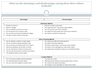What are the advantages and disadvantages among these three culture
methods?
 