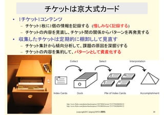 (copyright2013 akipii@XPJUG関西) 48
チケットは京大式カード
• 1チケット1コンテンツ
– チケット1枚に1個の情報を記録する　(惜しみなく記録する)
– チケットの内容を見直し、チケット間の関係からパターンを再...