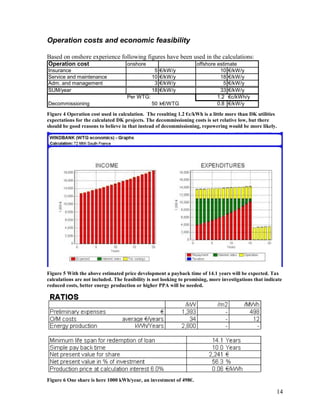 Operation costs and economic feasibility

Based on onshore experience following figures have been used in the calculations:
Operation cost                       onshore                         offshore estimate
Insurance                                        5   €/kW/y                    10 €/kW/y
Service and maintenance                         10   €/kW/y                    18 €/kW/y
Adm. and management                              3   €/kW/y                      5 €/kW/y
SUM/year                                        18   €/kW/y                    33 €/kW/y
                                     Per WTG:                                 1.2 €c/kWh/y
Decommissioning                                 50 k€/WTG                     0.8 €/kW/y
Figure 4 Operation cost used in calculation. The resulting 1.2 €c/kWh is a little more than DK utilities
expectations for the calculated DK projects. The decommissioning costs is set relative low, but there
should be good reasons to believe in that instead of decommissioning, repowering would be more likely.




Figure 5 With the above estimated price development a payback time of 14.1 years will be expected. Tax
calculations are not included. The feasibility is not looking to promising, more investigations that indicate
reduced costs, better energy production or higher PPA will be needed.




Figure 6 One share is here 1000 kWh/year, an investment of 498€.

                                                                                                          14
 