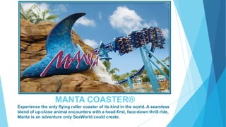 MANTA COASTER®
Experience the only flying roller coaster of its kind in the world. A seamless
blend of up-close animal encounters with a head-first, face-down thrill ride,
Manta is an adventure only SeaWorld could create.

 