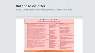 Database on offer
https://www.primaryinfo.com /projects /sebacic-acid.htm
 