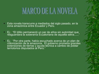 Esta novela transcurre a mediados del siglo pasado, en la zona amazónica entre Ecuador y Perú. Ej.:  “El Idilio permaneció un par de años sin autoridad que resguardara la soberanía Ecuatoriana de aquella selva......” Ej.:  “Por otra parte, había escuchado acerca de un plan de colonización de la amazonía.  El gobierno prometía grandes extensiones de tierras y ayuda técnica a cambio de poblar terriotorios disputados al Perú.”  MARCO DE LA NOVELA 