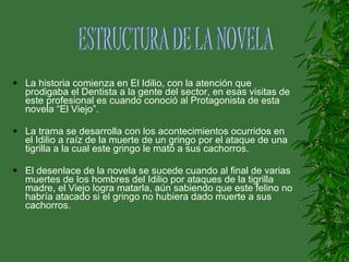 La historia comienza en El Idilio, con la atención que prodigaba el Dentista a la gente del sector, en esas visitas de este profesional es cuando conoció al Protagonista de esta novela “El Viejo”. La trama se desarrolla con los acontecimientos ocurridos en el Idilio a raíz de la muerte de un gringo por el ataque de una tigrilla a la cual este gringo le mató a sus cachorros. El desenlace de la novela se sucede cuando al final de varias muertes de los hombres del Idilio por ataques de la tigrilla madre, el Viejo logra matarla, aún sabiendo que este felino no habría atacado si el gringo no hubiera dado muerte a sus cachorros. ESTRUCTURA DE LA NOVELA 