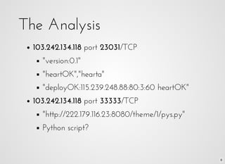 6
The AnalysisThe Analysis
103.242.134.118103.242.134.118 portport 2303123031/TCP/TCP
​​""version:0.1"version:0.1"
"heartO...