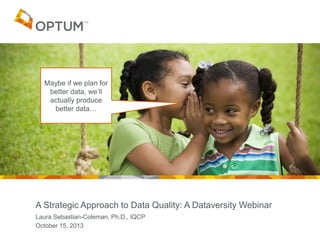 Maybe if we plan for
better data, we’ll
actually produce
better data…

A Strategic Approach to Data Quality: A Dataversity Webinar
Laura Sebastian-Coleman, Ph.D., IQCP
October 15, 2013

 