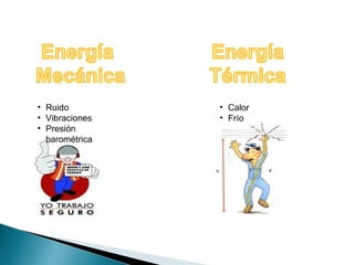 • Ruido 
• Vibraciones 
• Presión 
barométrica 
• Calor 
• Frío 
 