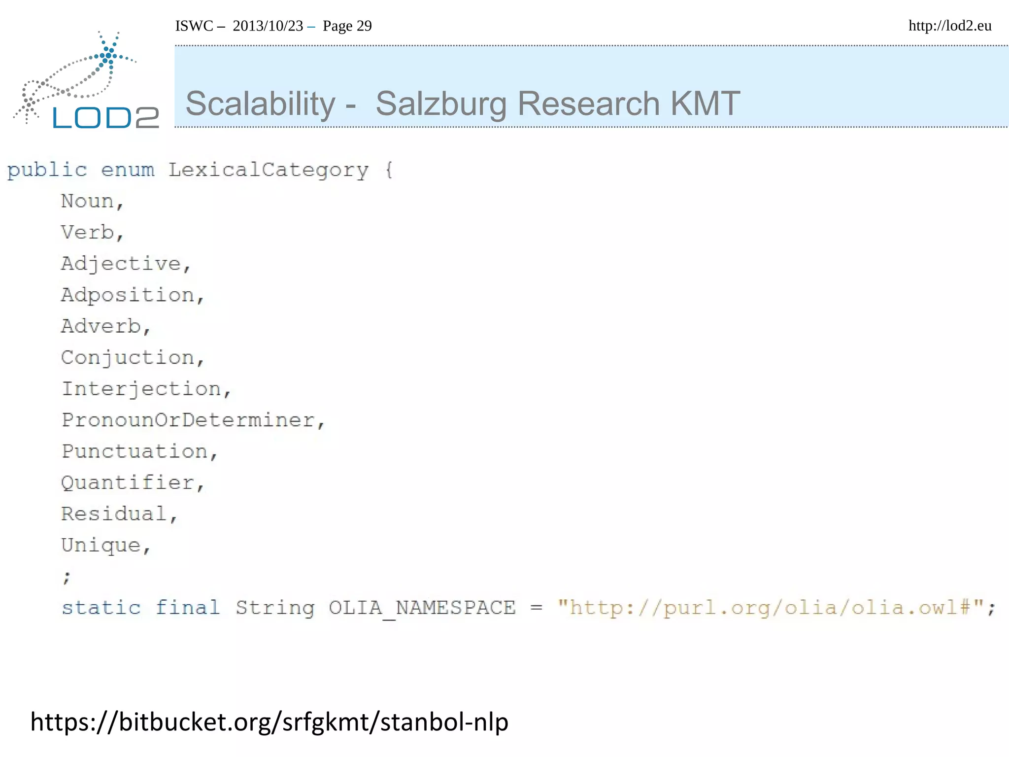 ISWC – 2013/10/23 – Page 29

Scalability - Salzburg Research KMT

https://bitbucket.org/srfgkmt/stanbol-nlp

http://lod2.eu

 