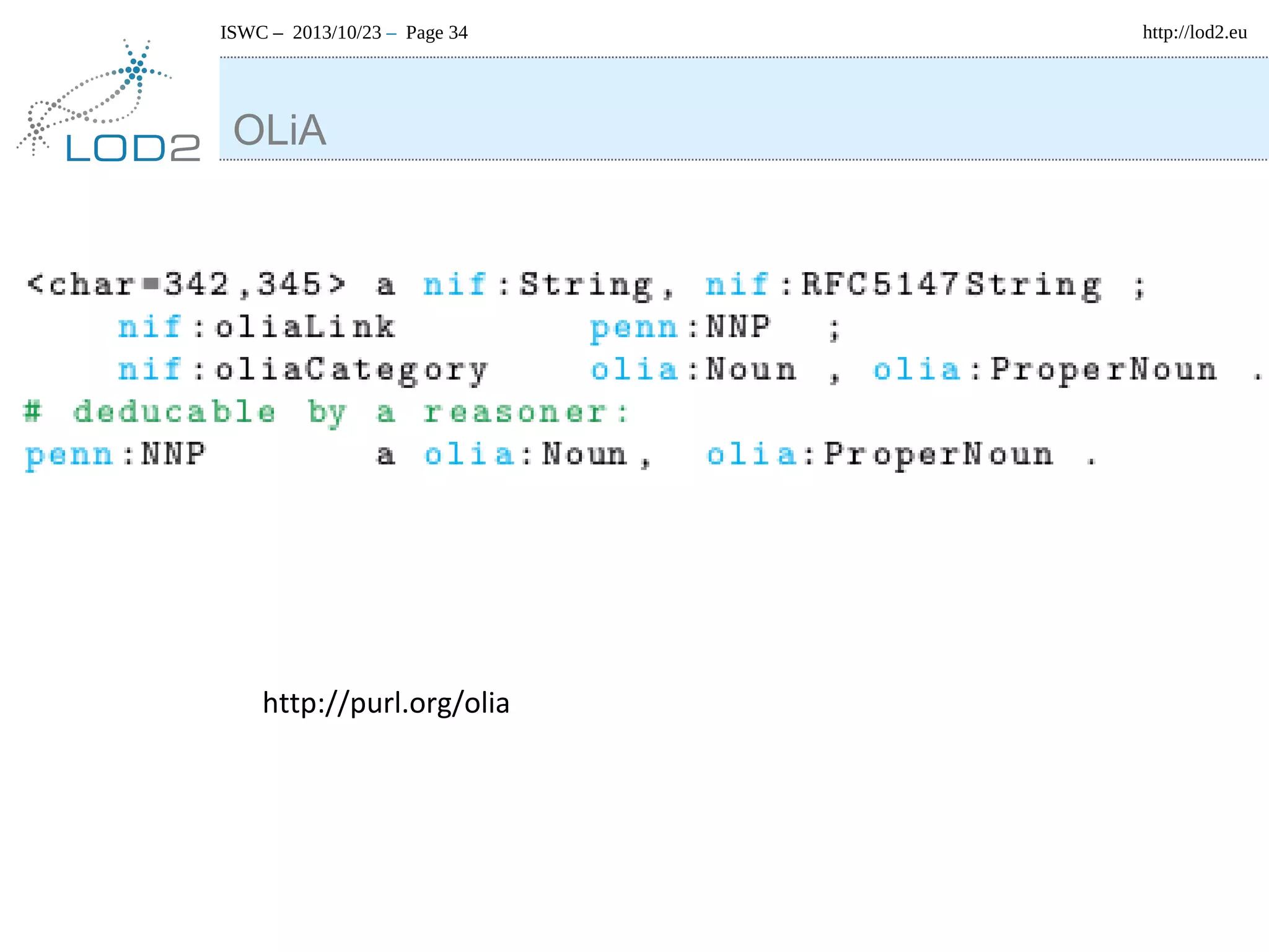 ISWC – 2013/10/23 – Page 34

OLiA

http://purl.org/olia

http://lod2.eu

 