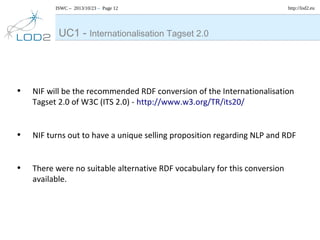 ISWC – 2013/10/23 – Page 12

http://lod2.eu

UC1 - Internationalisation Tagset 2.0

•

NIF will be the recommended RDF conversion of the Internationalisation
Tagset 2.0 of W3C (ITS 2.0) - http://www.w3.org/TR/its20/

•

NIF turns out to have a unique selling proposition regarding NLP and RDF

•

There were no suitable alternative RDF vocabulary for this conversion
available.

 