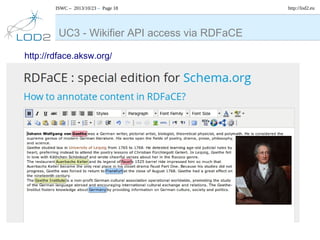 ISWC – 2013/10/23 – Page 18

UC3 - Wikifier API access via RDFaCE
http://rdface.aksw.org/

http://lod2.eu

 