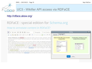 ISWC – 2013/10/23 – Page 19

UC3 - Wikifier API access via RDFaCE
http://rdface.aksw.org/

http://lod2.eu

 