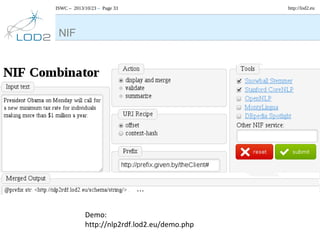 ISWC – 2013/10/23 – Page 33

NIF

Demo:
http://nlp2rdf.lod2.eu/demo.php

http://lod2.eu

 