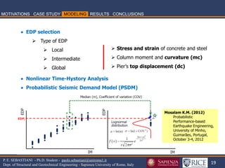 19 
P. E. SEBASTIANI - Ph.D. Student - paolo.sebastiani@uniroma1.it Dept. of Structural and Geotechnical Engineering - Sapienza University of Rome, Italy 
 EDP selection 
Type of EDP 
Local 
Intermediate 
Global  Nonlinear Time-Hystory Analysis  Probabilistic Seismic Demand Model (PSDM) 
Stress and strain of concrete and steel 
Column moment and curvature (mc) 
Pier’s top displacement (dc) 
Mosalam K.M. (2012) Probabilistic Performance-based Earthquake Engineering, University of Minho, Guimarães, Portugal, October 3-4, 2012  