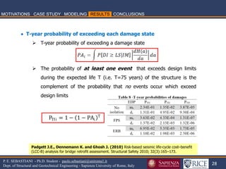 28 P. E. SEBASTIANI - Ph.D. Student - paolo.sebastiani@uniroma1.it 
Dept. of Structural and Geotechnical Engineering - Sapienza University of Rome, Italy 
PTf푖 = 1 − 1 − PA푖 T 
 T-year probability of exceeding each damage state 
 T-year probability of exceeding a damage state 
 The probability of at least one event that exceeds design limits 
during the expected life T (i.e. T=75 years) of the structure is the 
complement of the probability that no events occur which exceed 
design limits 
Padgett J.E., Dennemann K. and Ghosh J. (2010) Risk-based seismic life-cycle cost–benefit 
(LCC-B) analysis for bridge retrofit assessment. Structural Safety 2010; 32(3):165–173. 
 