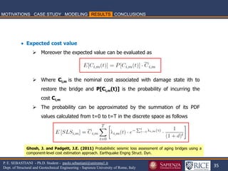 35 
P. E. SEBASTIANI - Ph.D. Student - paolo.sebastiani@uniroma1.it Dept. of Structural and Geotechnical Engineering - Sapienza University of Rome, Italy 
 Expected cost value 
Moreover the expected value can be evaluated as 
Where Ci,m is the nominal cost associated with damage state ith to restore the bridge and P[Ci,m(t)] is the probability of incurring the cost Ci,m 
The probability can be approximated by the summation of its PDF values calculated from t=0 to t=T in the discrete space as follows 
Ghosh, J. and Padgett, J.E. (2011) Probabilistic seismic loss assessment of aging bridges using a component-level cost estimation approach. Earthquake Engng Struct. Dyn.  