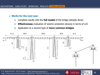 39 
P. E. SEBASTIANI - Ph.D. Student - paolo.sebastiani@uniroma1.it 
Dept. of Structural and Geotechnical Engineering - Sapienza University of Rome, Italy 
 Works for the next year 
Complete results with the full model of the bridge (already done) 
Effectiveness evaluation of seismic protection devices in terms of LCC 
Application to a second type of more common bridges  