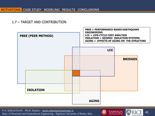 41 
P. E. SEBASTIANI - Ph.D. Student - paolo.sebastiani@uniroma1.it Dept. of Structural and Geotechnical Engineering - Sapienza University of Rome, Italy 
PBEE (PEER METHOD) 
BRIDGES 
ISOLATION 
AGING 
LCC 
PBEE = PERFORMANCE-BASED EARTHQUAKE ENGINEERING LCC = LIFE-CYCLE COST ANALYSIS ISOLATION = SEISMIC ISOLATION SYSTEMS AGING = EFFECTS OF AGING ON THE STRUCTURE 
1.7 – TARGET AND CONTRIBUTION  