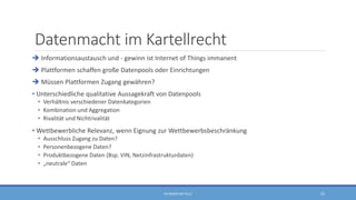 Datenmacht im Kartellrecht
 Informationsaustausch und - gewinn ist Internet of Things immanent
 Plattformen schaffen große Datenpools oder Einrichtungen
 Müssen Plattformen Zugang gewähren?
• Unterschiedliche qualitative Aussagekraft von Datenpools
• Verhältnis verschiedener Datenkategorien
• Kombination und Aggregation
• Rivalität und Nichtrivalität
• Wettbewerbliche Relevanz, wenn Eignung zur Wettbewerbsbeschränkung
• Ausschluss Zugang zu Daten?
• Personenbezogene Daten?
• Produktbezogene Daten (Bsp. VIN, Netzinfrastrukturdaten)
• „neutrale“ Daten
RA SEBASTIAN TELLE 25
 