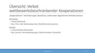 Übersicht: Verbot
wettbewerbsbeschränkender Kooperationen
„Kooperationen“: Vereinbarungen, Beschlüsse, aufeinander abgestimmte Verhaltensweisen
Horizontal
• Gleiche Marktstufe
• Bsp.: Preis- oder Gebietsabsprachen, Marktinformationssysteme
Vertikal
• Unterschiedliche Marktstufen
• Bsp. Lizenzen, Vertriebsbedingungen, Plattformverbote, Preisparität
RA SEBASTIAN TELLE 29
 