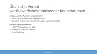 Übersicht: Verbot
wettbewerbsbeschränkender Kooperationen
Tatbestandliche Ausnahmemöglichkeiten
• insbes. vertikale Integration, Selektivvertrieb
• Gesetzlich (Infrastrukturatlas, Markttransparenzstelle Kraftstoffe)
Freistellungsmöglichkeiten
• F&E-GVO, Spezialisierungs-GVO
• Vertikal-GVO, TT-GVO, Kfz-GVO
• Einzelfreistellung
RA SEBASTIAN TELLE 30
 