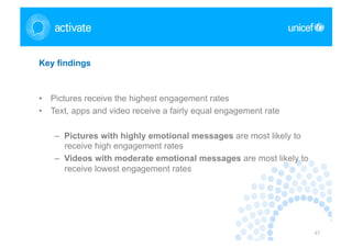 Key findings



•  Pictures receive the highest engagement rates
•  Text, apps and video receive a fairly equal engagement rate

    –  Pictures with highly emotional messages are most likely to
       receive high engagement rates
    –  Videos with moderate emotional messages are most likely to
       receive lowest engagement rates




                                                                    47
 