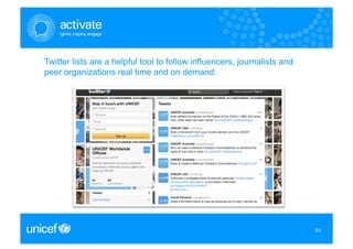 Twitter lists are a helpful tool to follow influencers, journalists and
peer organizations real time and on demand.




                                                                          51
                                                                          51
 