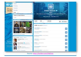 Twitter lists are a helpful tool to follow influencers, journalists and
peer organizations real time and on demand.




                                                                          52
                                                                          52
                     Source:	
  hGps://twiGer.com/UN/lists	
  
 