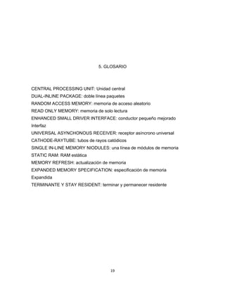 5. GLOSARIO




CENTRAL PROCESSING UNIT: Unidad central
DUAL-INLINE PACKAGE: doble línea paquetes
RANDOM ACCESS MEMORY: memoria de acceso aleatorio
READ ONLY MEMORY: memoria de solo lectura
ENHANCED SMALL DRIVER INTERFACE: conductor pequeño mejorado
Interfaz
UNIVERSAL ASYNCHONOUS RECEIVER: receptor asíncrono universal
CATHODE-RAYTUBE: tubos de rayos catódicos
SINGLE IN-LINE MEMORY NIODULES: una línea de módulos de memoria
STATIC RAM: RAM estática
MEMORY REFRESH: actualización de memoria
EXPANDED MEMORY SPECIFICATION: especificación de memoria
Expandida
TERMINANTE Y STAY RESIDENT: terminar y permanecer residente




                                  19
 