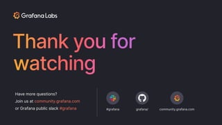 Have more questions?
Join us at community.grafana.com
or Grafana public slack #grafana #grafana grafana/ community.grafana.com
 
