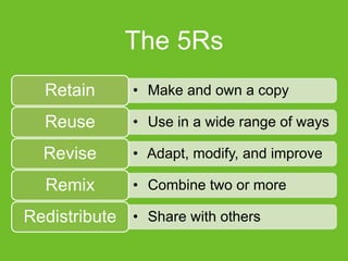 • Make and own a copyRetain
• Use in a wide range of waysReuse
• Adapt, modify, and improveRevise
• Combine two or moreRemix
• Share with othersRedistribute
The 5Rs
 