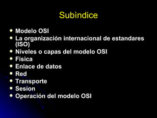 Subìndice Modelo OSI La organización internacional de estandares (ISO) Niveles o capas del modelo OSI Fisica Enlace de datos Red Transporte Sesion Operación del modelo OSI 