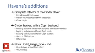 Havana’s  addi9ons  
➜  Complete refactor of the Cinder driver:
•  Librados and librbd usage
•  Flatten volumes created from snapshots
•  Clone depth


➜  Cinder backup with a Ceph backend:
• 
• 
• 
• 
• 

backing up within the same Ceph pool (not recommended)
backing up between different Ceph pools
backing up between different Ceph clusters
Support RBD stripes
Differentials



➜  Nova Libvirt_image_type = rbd
•  Directly boot all the VMs in Ceph
•  Volume QoS

 
