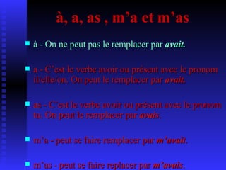 à, a, as , m’a et m’as à - On ne peut pas le remplacer par  avait. a - C’est le verbe avoir ou présent avec le pronom il/elle/on. On peut le remplacer par  avait. as - C’est le verbe avoir ou présent avec le pronom tu. On peut le remplacer par  avais . m’a - peut se faire remplacer par  m’avait . m’as - peut se faire replacer par  m’avais .   
