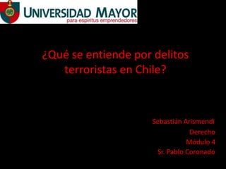 ¿Qué se entiende por delitos
   terroristas en Chile?



                     Sebastián Arismendi
                                 Derecho
                                Módulo 4
                      Sr. Pablo Coronado
 