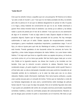 "Caída libre II"


Creo que los extraño incluso a aquellos que son una porquería. Mi historia es la clásica
"yo odio a todo el mundo" y así. Y eso que no me había acordado de ella y la extraño
pero ella no piensa en mí así que no debiese desgastarme en pensar en ella. O quizás
si lo haga y estoy tratando de convencerme de que no es así. Acidez estomacal a
granel. Perro idiota mirando hacia el oesteotro. Las sirenas ya se callaron y las balizas
nadan a punta de pistola por el mar de la urbenet. Y eso que eso es una aseveración
de algo en lo existente. Y esto es algo sobre la nada. (Espacio dejado en blanco sin
propósito alguno). Espero que te hayas percatado de los puntos. No hay mensajes
subliminales ni nada por el estilo. Dobles capsulas de encapsulamiento carcelario
cancerígeno y perro maullando creyéndose importante y quedándose ciego. Y era el
hijo y la vida es injusta pero qué más da. Mantenga el orden y la limpieza incluso si
está tirando. Tirando garabatos al aire buscando activar los sensores de humo. De
cigarrillos y otras malas lenguas extranjeras de malos hábitos. Los curas tienen malos
hábitos. Y el viejo senil que fuma su cigarrillo sobre sus zapatos de persa y mi burla es
una burla contra mí y el no tiene que perder. Me han hecho jaque mate por un error
mío. Dobla en la siguiente esquina. Las diosas han muerto y las mortales son tan
banales. Creo que la solución es-seria cortarme la cabeza. Necesito hacer ese
condenado ensayo. ¿A quién engaño si lo aplazaré hasta poder recibir ayuda? Bueno si
al final todo vale. La vida es demasiado miserable como para sentirme miserable de ser
miserable sentido de la orientación y se le caían las tetas pero eso no es ahora
relevante. Diablos revele información clasificada. Pero tenía buenos atributos y quizás
unas cuantas excusas para un consuelo de tontos. Tontos que se masturban a costa de
sus fantasías degeneradas de sexo anal y sometimientos estilo bondage de película
hentai clase B. Y eso si que me deja mal parado. Pero en el sentido figurado claro está.
Y que quería ser presidente del centro de corruptos alumnos provinciales izquierdistas
sometidos malditos y todas las cochinadas propias del culocorporationes. Necesito un
par de drogas para conciliar el sueño o reconciliarlo con el insomnio. Me haría un par
 