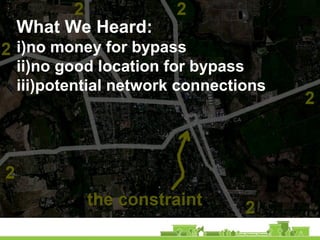 What We Heard:
i)no money for bypass
ii)no good location for bypass
iii)potential network connections
 