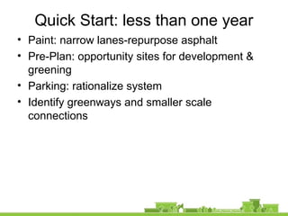 Quick Start: less than one year
• Paint: narrow lanes-repurpose asphalt
• Pre-Plan: opportunity sites for development &
greening
• Parking: rationalize system
• Identify greenways and smaller scale
connections
 