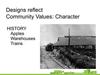 HISTORY
Apples
Warehouses
Trains
Designs reflect
Community Values: Character
 