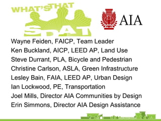 Wayne Feiden, FAICP, Team Leader
Ken Buckland, AICP, LEED AP, Land Use
Steve Durrant, PLA, Bicycle and Pedestrian
Christine Carlson, ASLA, Green Infrastructure
Lesley Bain, FAIA, LEED AP, Urban Design
Ian Lockwood, PE, Transportation
Joel Mills, Director AIA Communities by Design
Erin Simmons, Director AIA Design Assistance
 