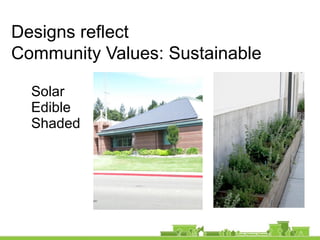 Solar
Edible
Shaded
Designs reflect
Community Values: Sustainable
 