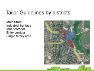 Main Street
Industrial heritage
Inner corridor
Entry corridor
Single family area
Tailor Guidelines by districts
 