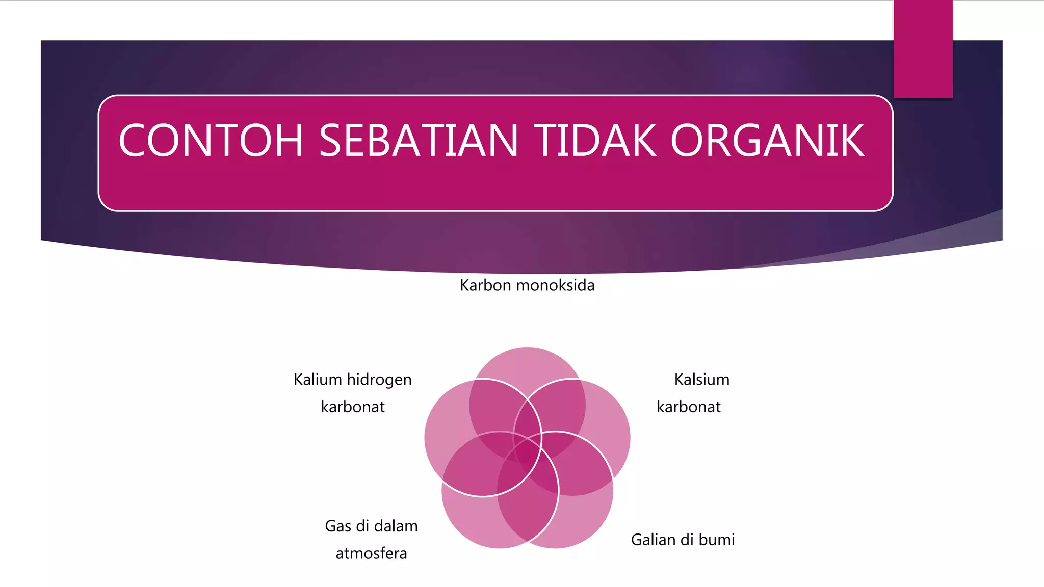 CONTOH SEBATIAN TIDAK ORGANIK
Karbon monoksida
Kalsium
karbonat
Galian di bumi
Gas di dalam
atmosfera
Kalium hidrogen
karbonat
 