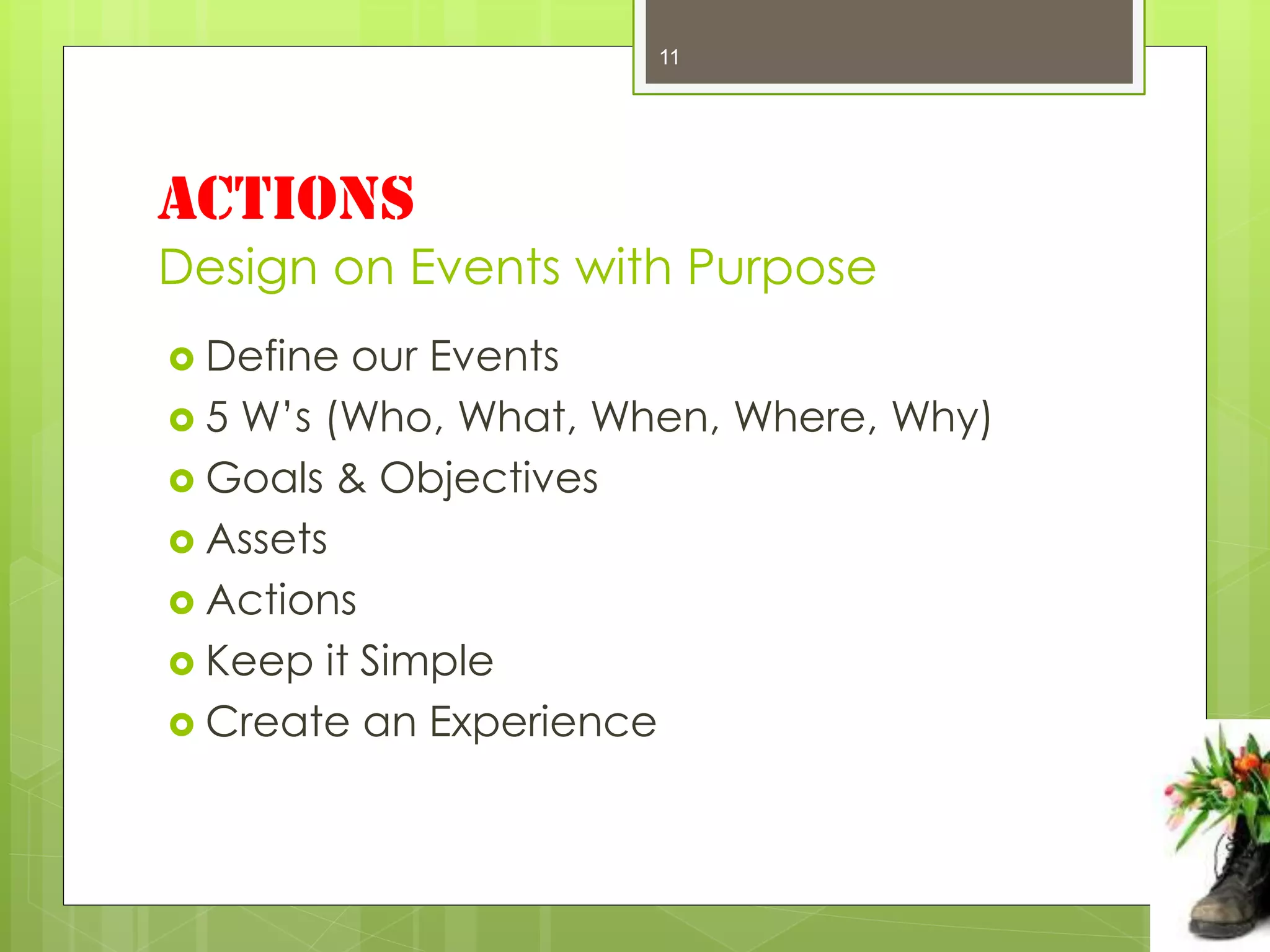 11




ACTIONS
Design on Events with Purpose
 Define our Events
 5 W’s (Who, What, When, Where, Why)
 Goals & Objectives
 Assets
 Actions
 Keep it Simple
 Create an Experience
 