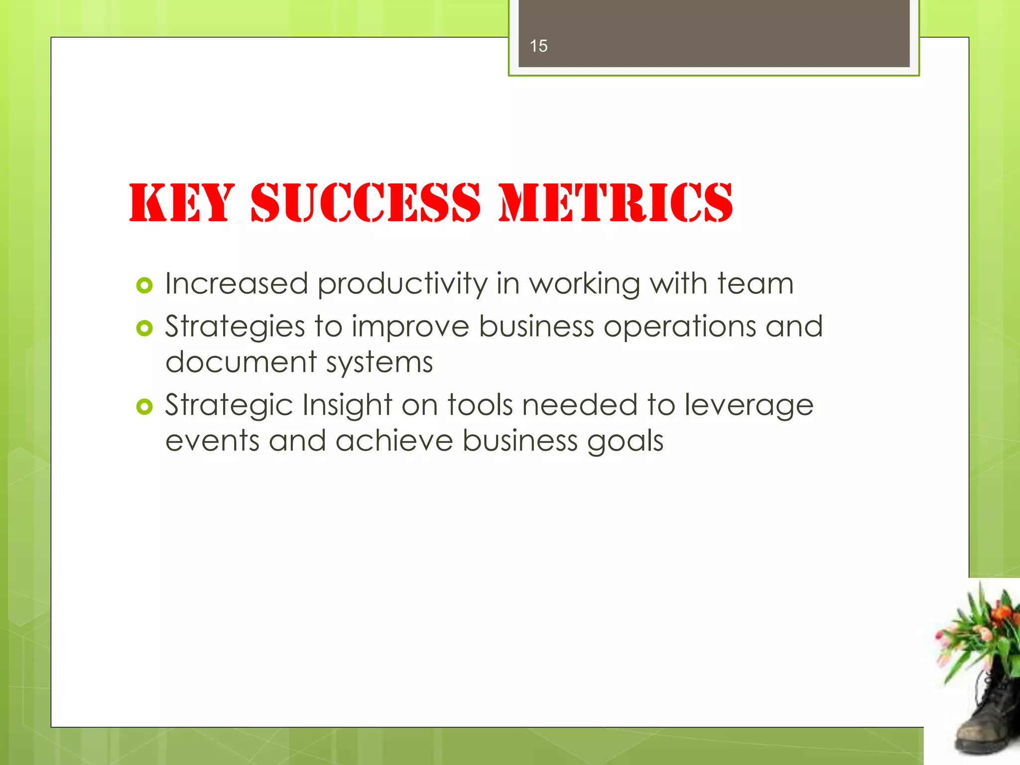15




Key Success Metrics
   Increased productivity in working with team
   Strategies to improve business operations and
    document systems
   Strategic Insight on tools needed to leverage
    events and achieve business goals
 