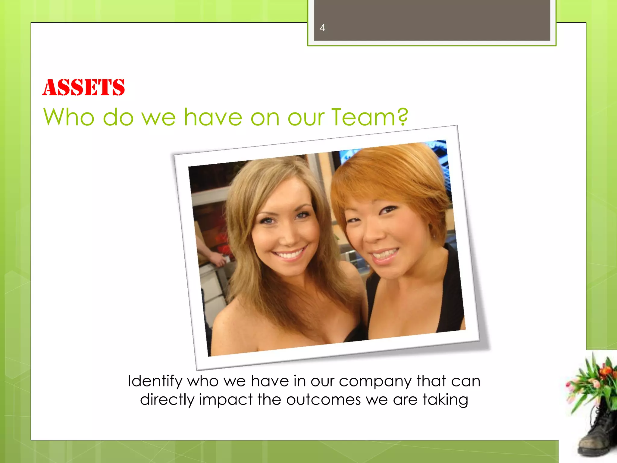4




ASSETS
Who do we have on our Team?




      Identify who we have in our company that can
        directly impact the outcomes we are taking
 