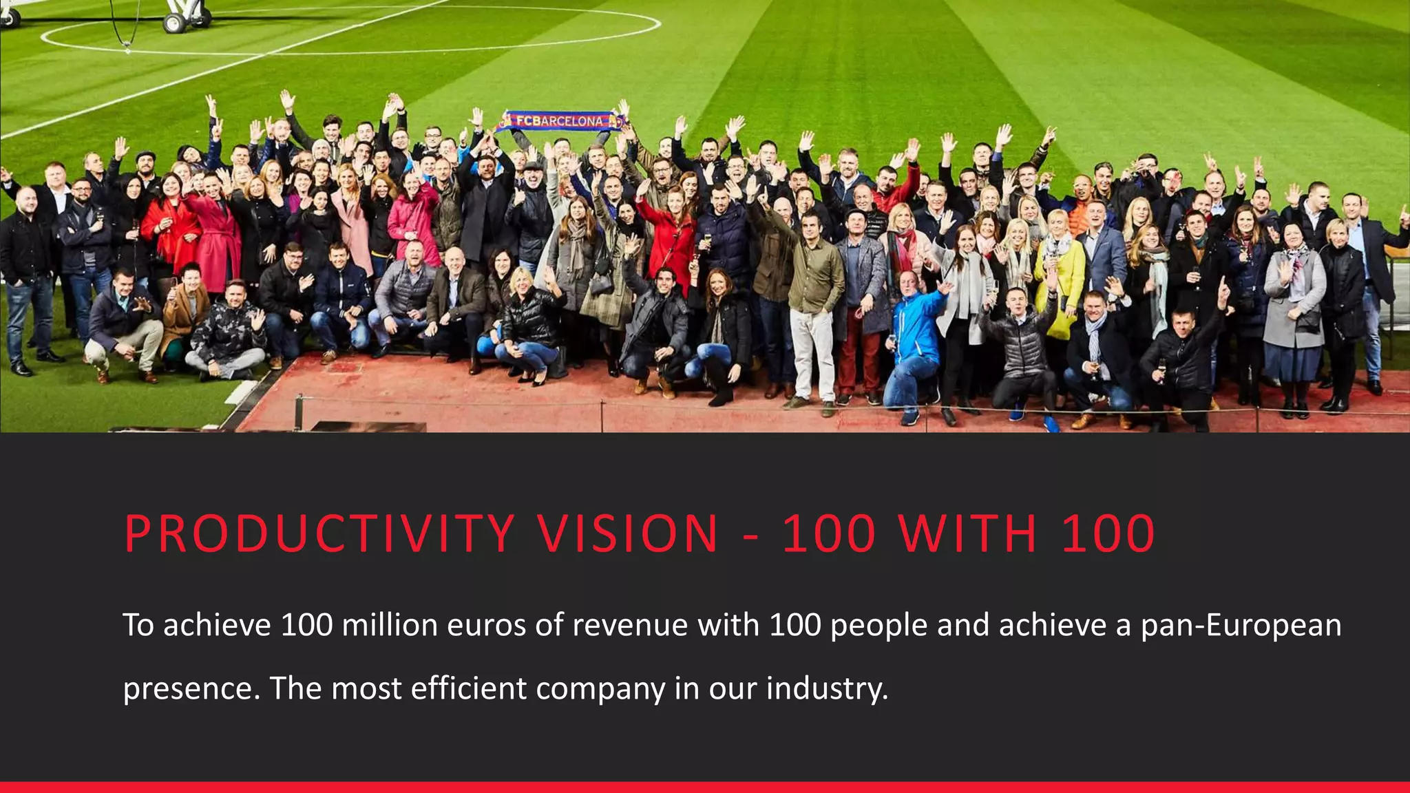 PRODUCTIVITY VISION - 100 WITH 100
To achieve 100 million euros of revenue with 100 people and achieve a pan-European
presence. The most efficient company in our industry.
 