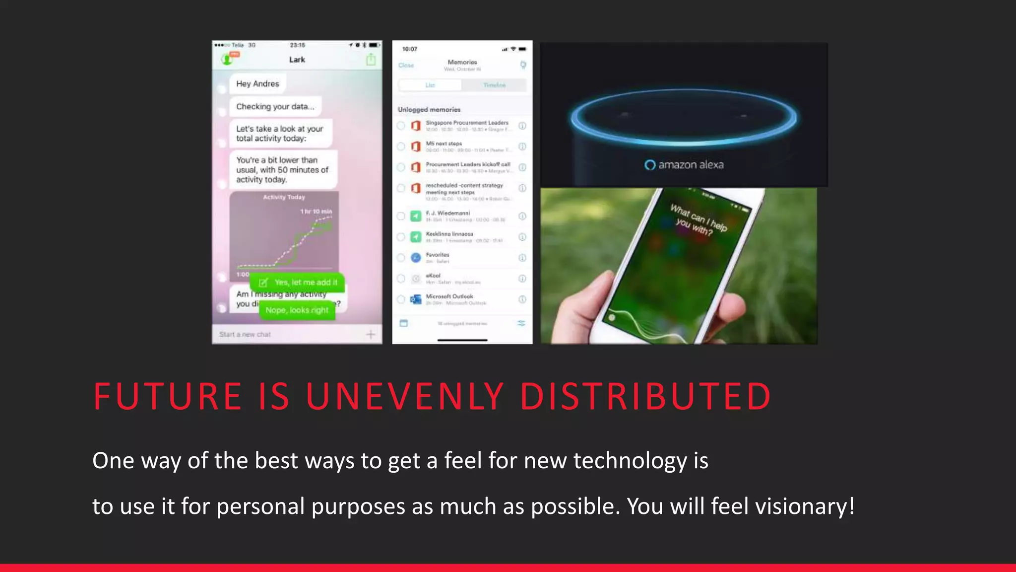 FUTURE IS UNEVENLY DISTRIBUTED
One way of the best ways to get a feel for new technology is
to use it for personal purposes as much as possible. You will feel visionary!
 