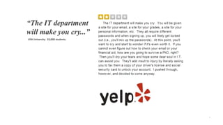 9
“The IT department
will make you cry...”
USA University. 33,000 students.
 